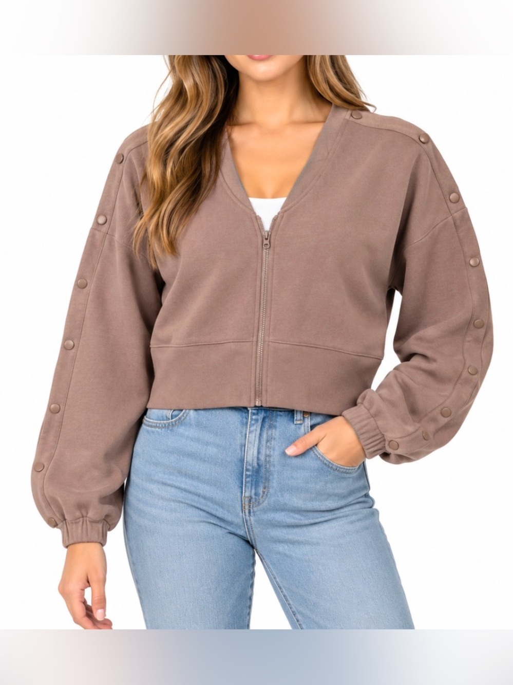 Vintage Havana Cropped Zip-Up Sweatshirt Jacket with Button Detail
